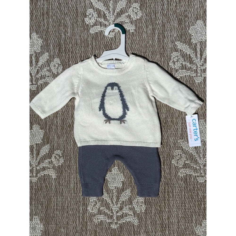 Carters Just One You Newborn Penguin Sweater and Pants Knit Set Cream Gray NWT